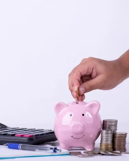 Boy hand put coins to piggy bank, Stack of coins ,calculations ,