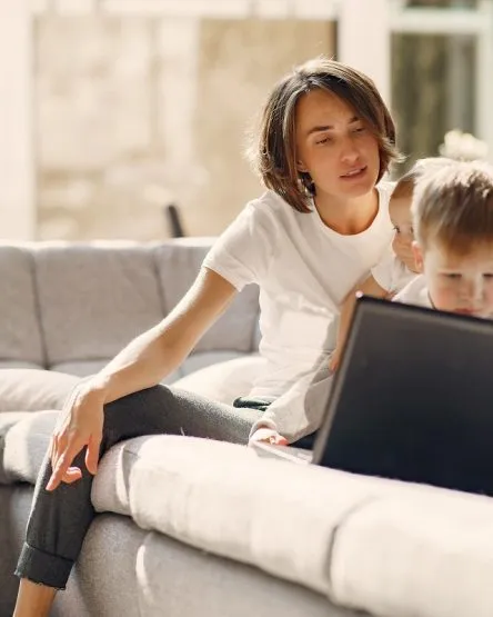 Mother with children stay at home on quarantine